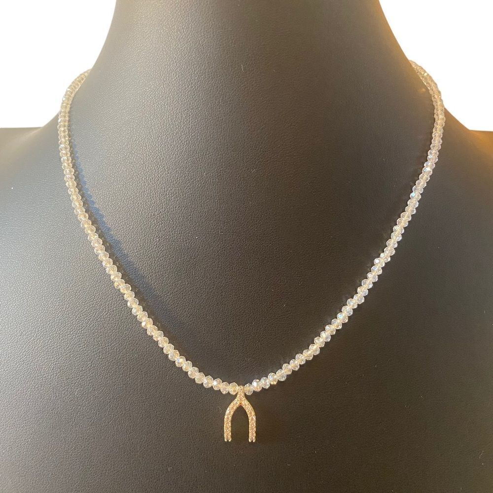 Delicate Looking Beaded Strand Wishbone Pendant Necklace.